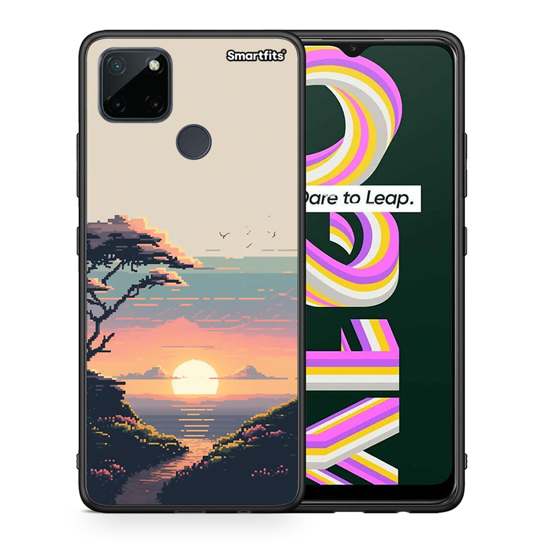 Θήκη Realme C21Y / C25Y / 7i (Global) Pixel Sunset από τη Smartfits με σχέδιο στο πίσω μέρος και μαύρο περίβλημα | Realme C21Y / C25Y / 7i (Global) Pixel Sunset case with colorful back and black bezels