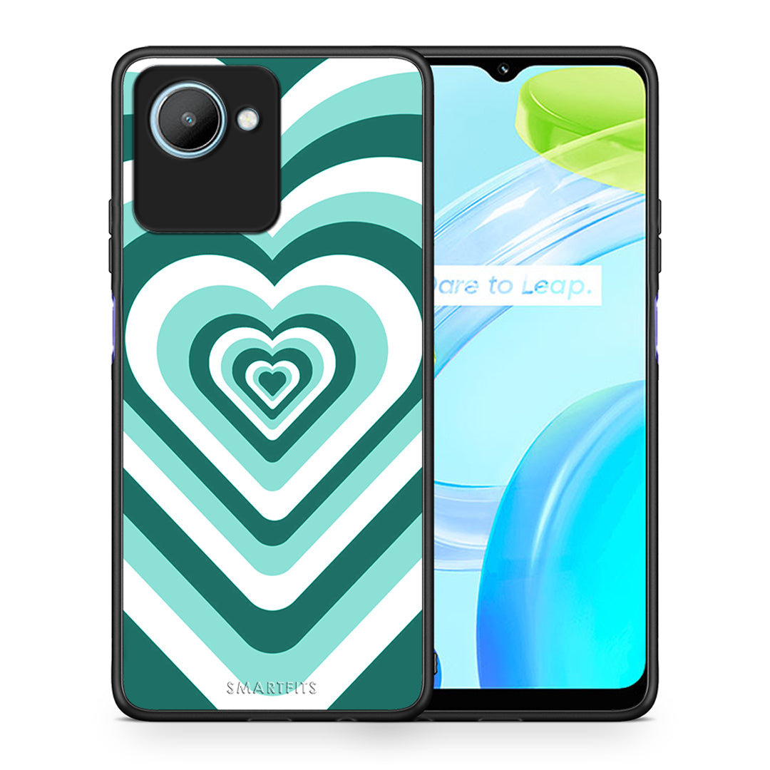 Θήκη Realme C30 Green Hearts από τη Smartfits με σχέδιο στο πίσω μέρος και μαύρο περίβλημα | Realme C30 Green Hearts Case with Colorful Back and Black Bezels