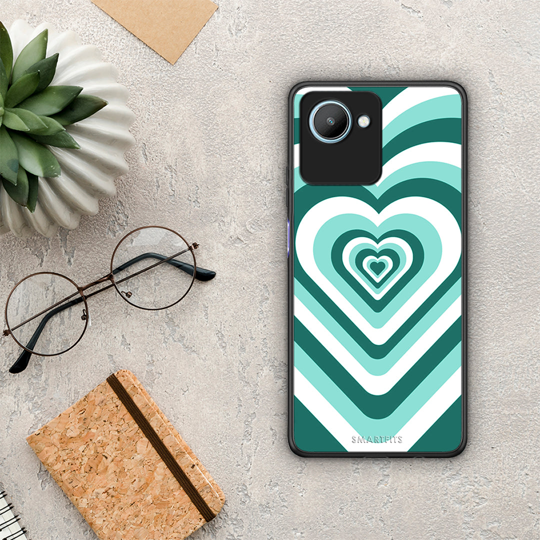 Θήκη Realme C30 Green Hearts από τη Smartfits με σχέδιο στο πίσω μέρος και μαύρο περίβλημα | Realme C30 Green Hearts Case with Colorful Back and Black Bezels