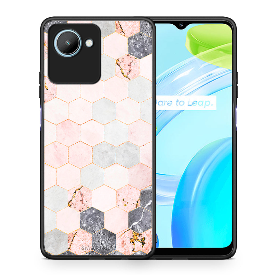 Θήκη Realme C30 Marble Hexagon Pink από τη Smartfits με σχέδιο στο πίσω μέρος και μαύρο περίβλημα | Realme C30 Marble Hexagon Pink Case with Colorful Back and Black Bezels