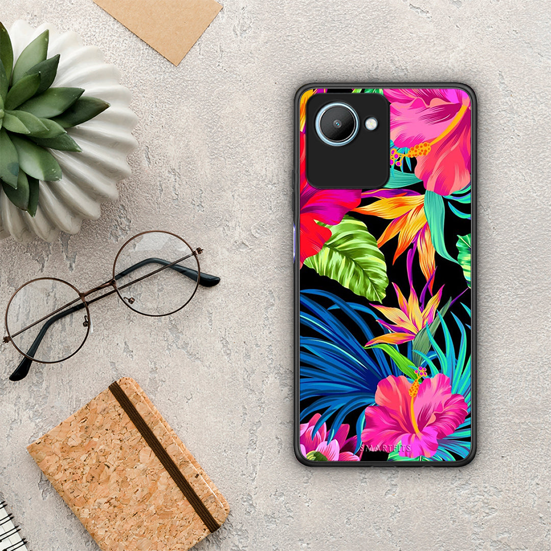 Θήκη Realme C30 Tropical Flowers από τη Smartfits με σχέδιο στο πίσω μέρος και μαύρο περίβλημα | Realme C30 Tropical Flowers Case with Colorful Back and Black Bezels