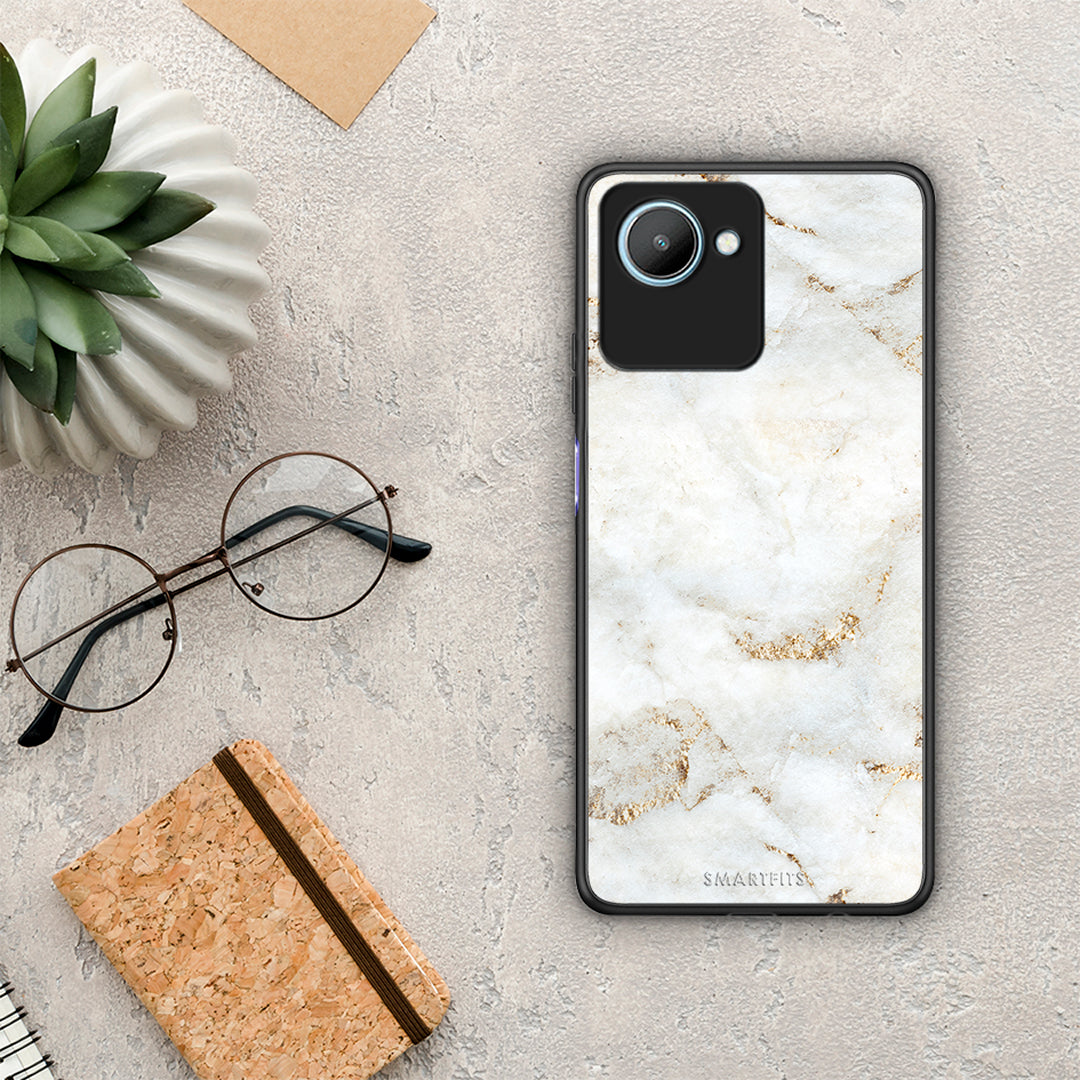 Θήκη Realme C30 White Gold Marble από τη Smartfits με σχέδιο στο πίσω μέρος και μαύρο περίβλημα | Realme C30 White Gold Marble Case with Colorful Back and Black Bezels