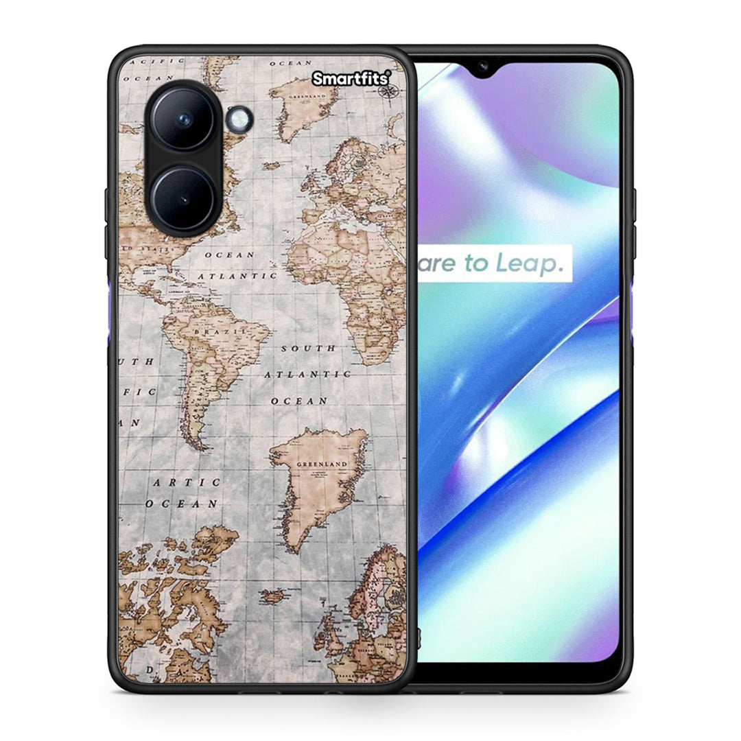 Θήκη Realme C33 World Map από τη Smartfits με σχέδιο στο πίσω μέρος και μαύρο περίβλημα | Realme C33 World Map Case with Colorful Back and Black Bezels