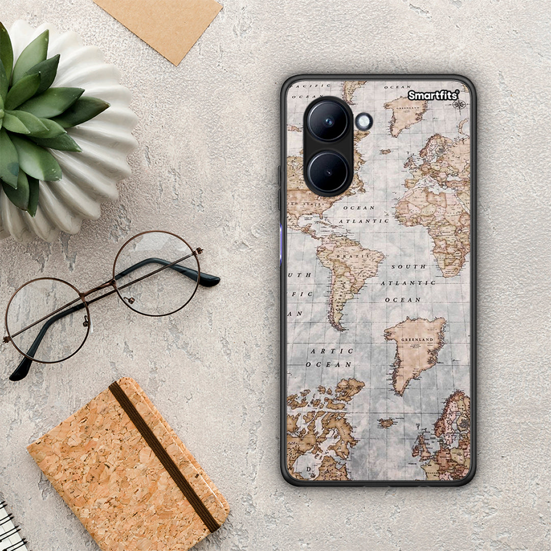 Θήκη Realme C33 World Map από τη Smartfits με σχέδιο στο πίσω μέρος και μαύρο περίβλημα | Realme C33 World Map Case with Colorful Back and Black Bezels