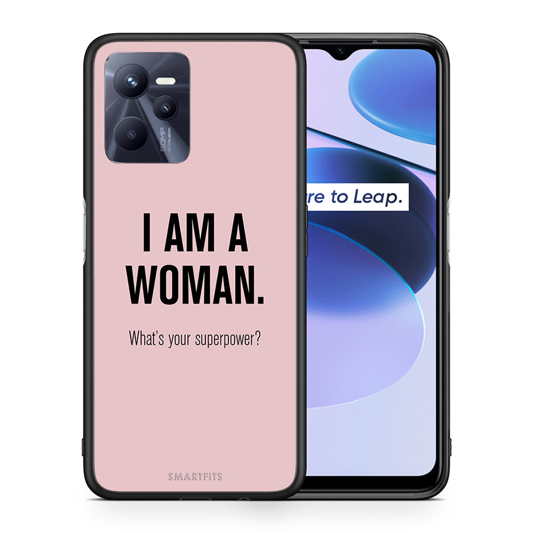 Θήκη Realme C35 Superpower Woman από τη Smartfits με σχέδιο στο πίσω μέρος και μαύρο περίβλημα | Realme C35 Superpower Woman case with colorful back and black bezels