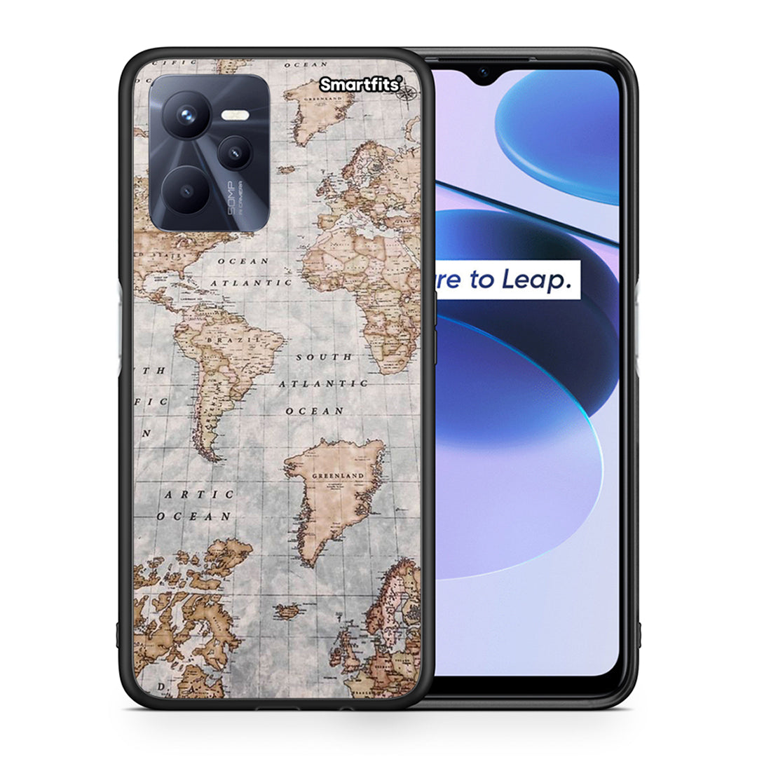 Θήκη Realme C35 World Map από τη Smartfits με σχέδιο στο πίσω μέρος και μαύρο περίβλημα | Realme C35 World Map case with colorful back and black bezels