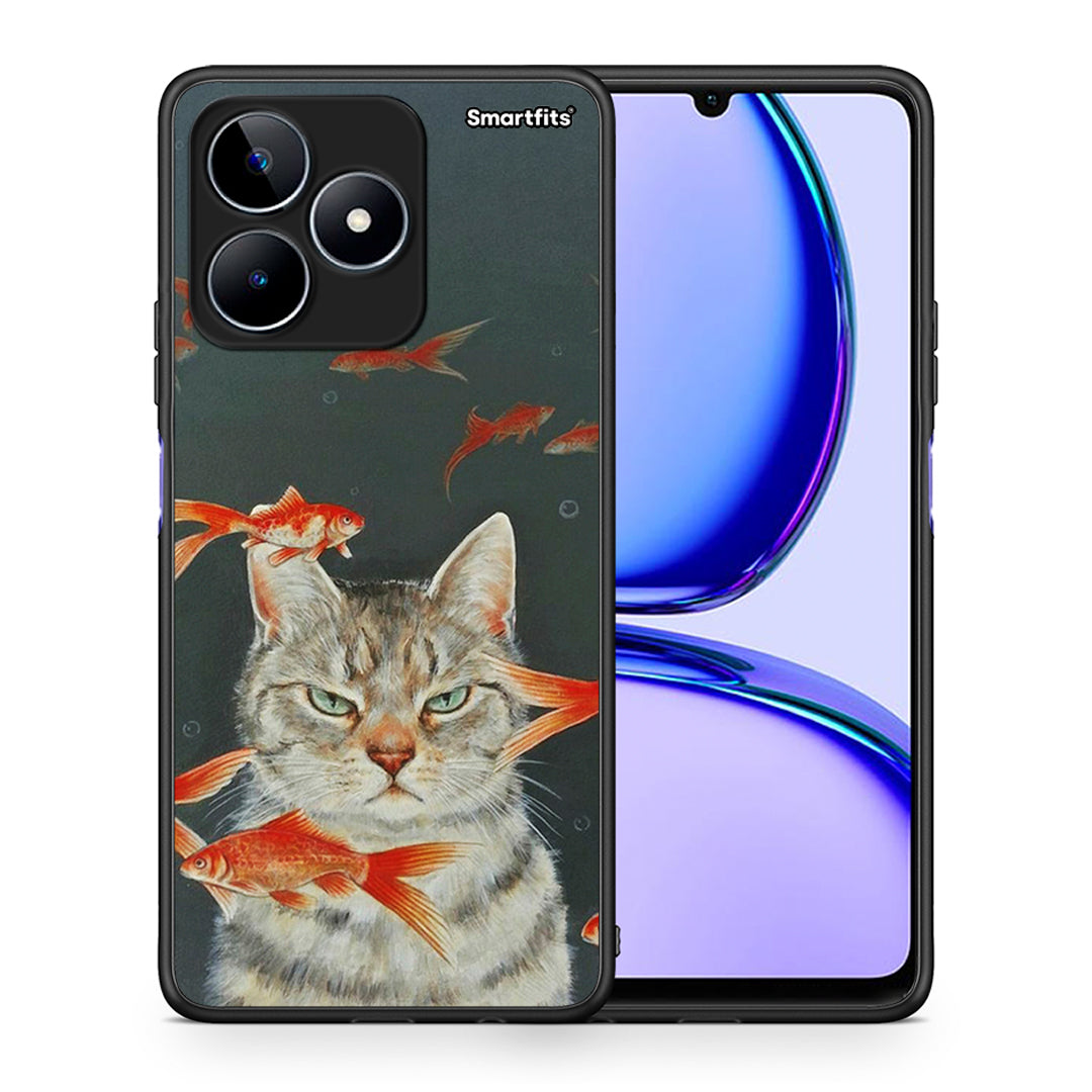 Θήκη Realme C53 Cat Goldfish από τη Smartfits με σχέδιο στο πίσω μέρος και μαύρο περίβλημα | Realme C53 Cat Goldfish case with colorful back and black bezels