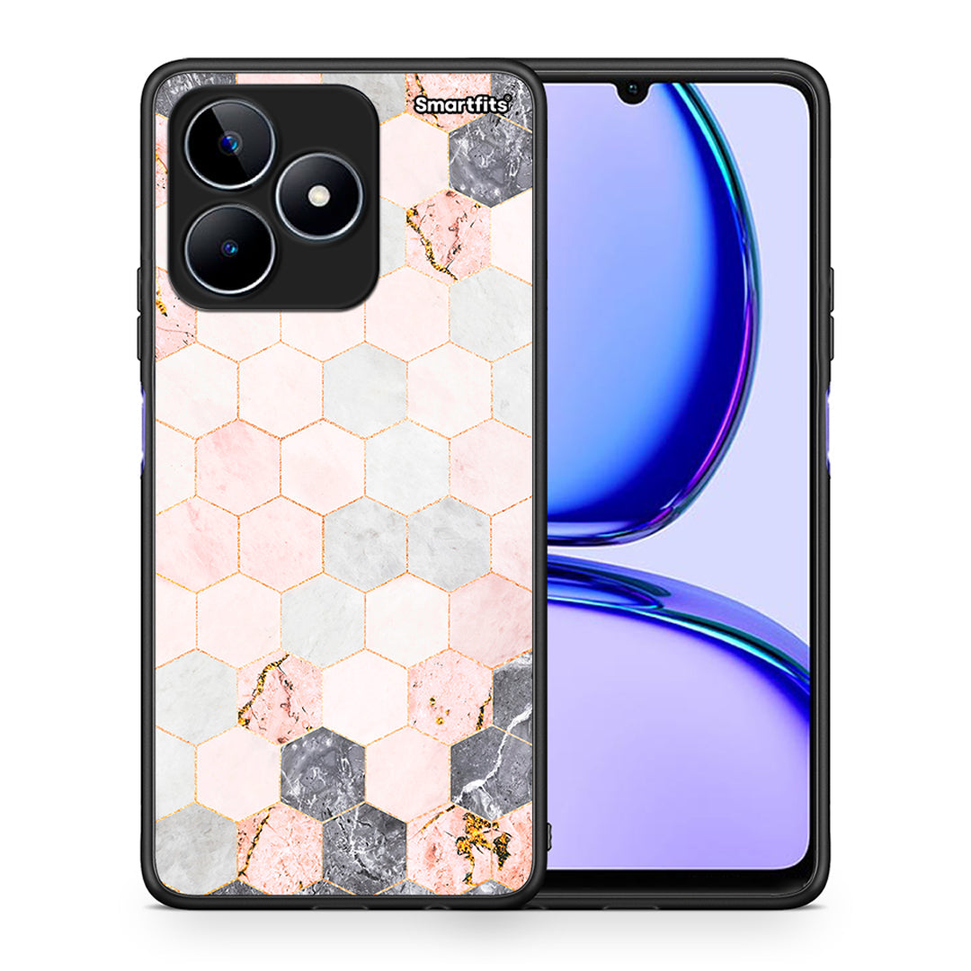 Θήκη Realme C53 Hexagon Pink Marble από τη Smartfits με σχέδιο στο πίσω μέρος και μαύρο περίβλημα | Realme C53 Hexagon Pink Marble case with colorful back and black bezels