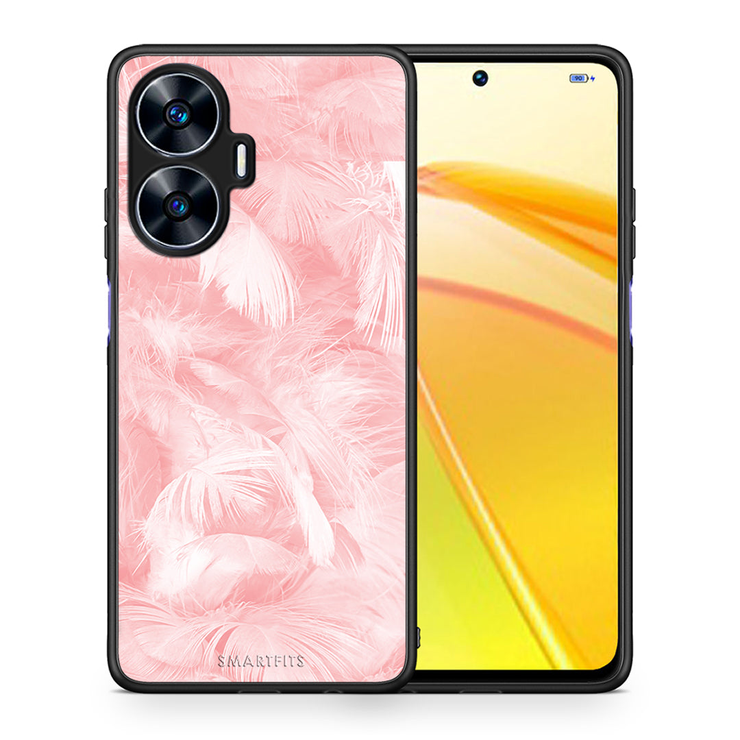 Θήκη Realme C55 Dual Boho Pink Feather από τη Smartfits με σχέδιο στο πίσω μέρος και μαύρο περίβλημα | Realme C55 Dual Boho Pink Feather Case with Colorful Back and Black Bezels