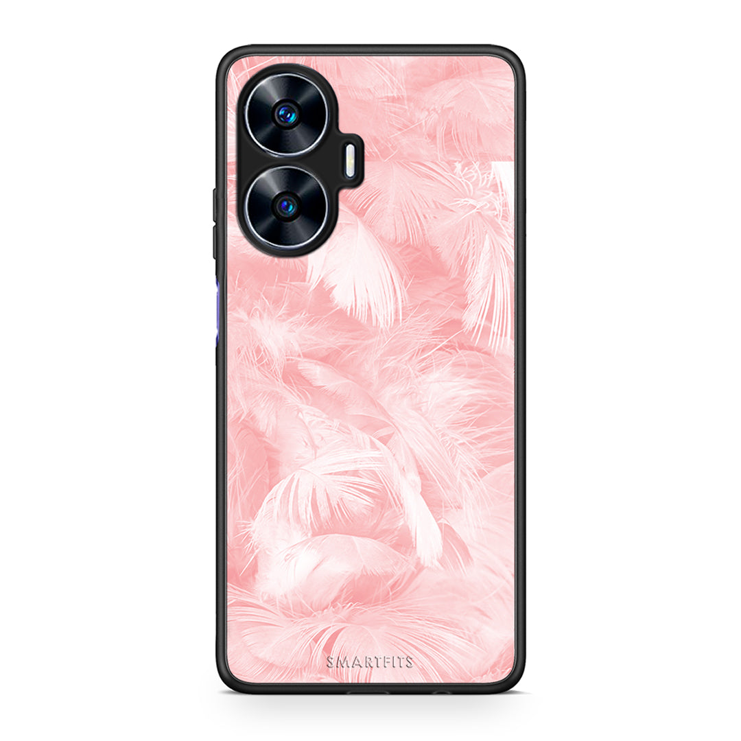 Θήκη Realme C55 Dual Boho Pink Feather από τη Smartfits με σχέδιο στο πίσω μέρος και μαύρο περίβλημα | Realme C55 Dual Boho Pink Feather Case with Colorful Back and Black Bezels