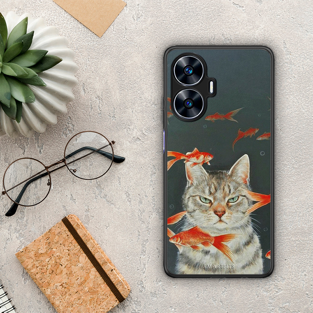 Θήκη Realme C55 Dual Cat Goldfish από τη Smartfits με σχέδιο στο πίσω μέρος και μαύρο περίβλημα | Realme C55 Dual Cat Goldfish Case with Colorful Back and Black Bezels