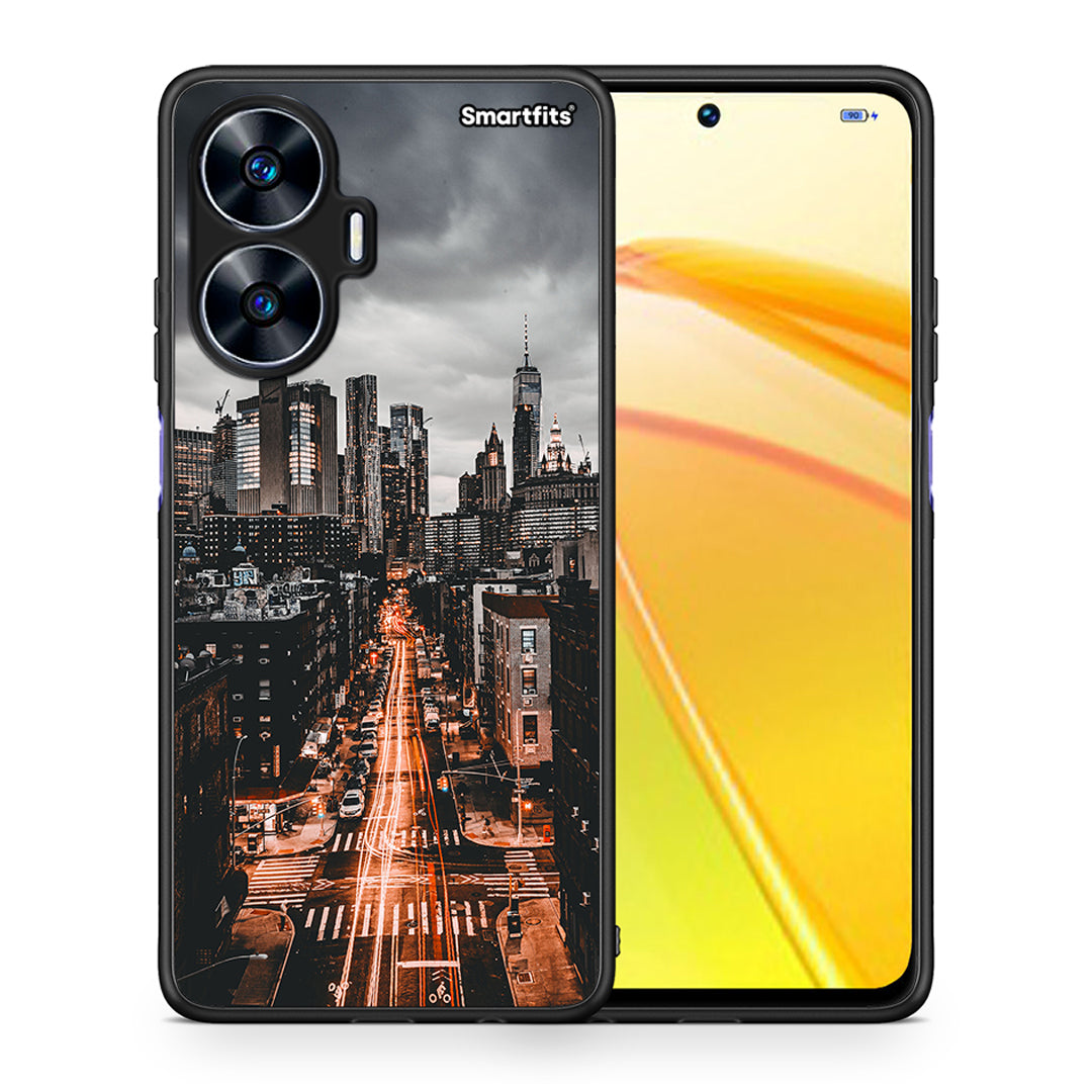 Θήκη Realme C55 Dual City Lights από τη Smartfits με σχέδιο στο πίσω μέρος και μαύρο περίβλημα | Realme C55 Dual City Lights Case with Colorful Back and Black Bezels