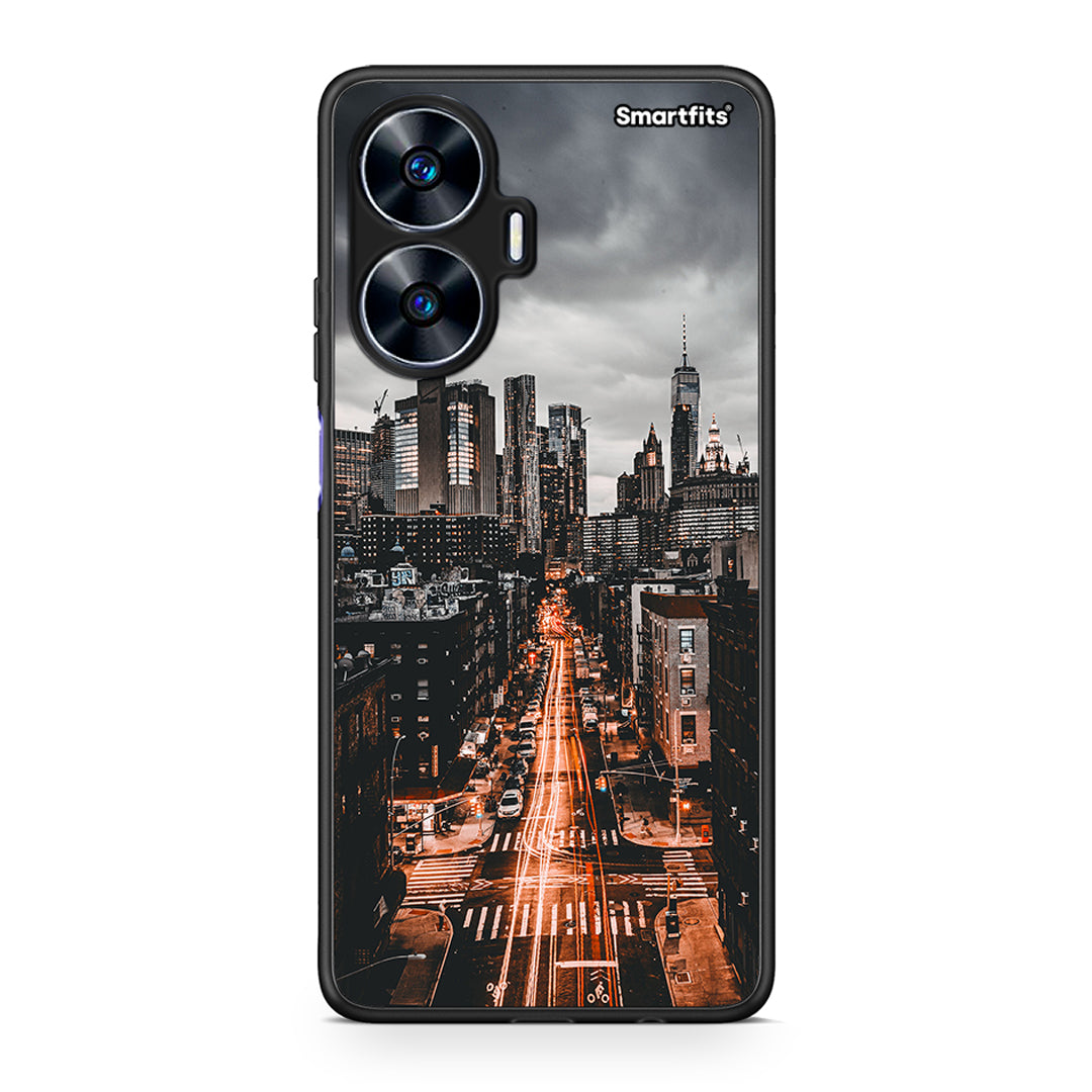 Θήκη Realme C55 Dual City Lights από τη Smartfits με σχέδιο στο πίσω μέρος και μαύρο περίβλημα | Realme C55 Dual City Lights Case with Colorful Back and Black Bezels