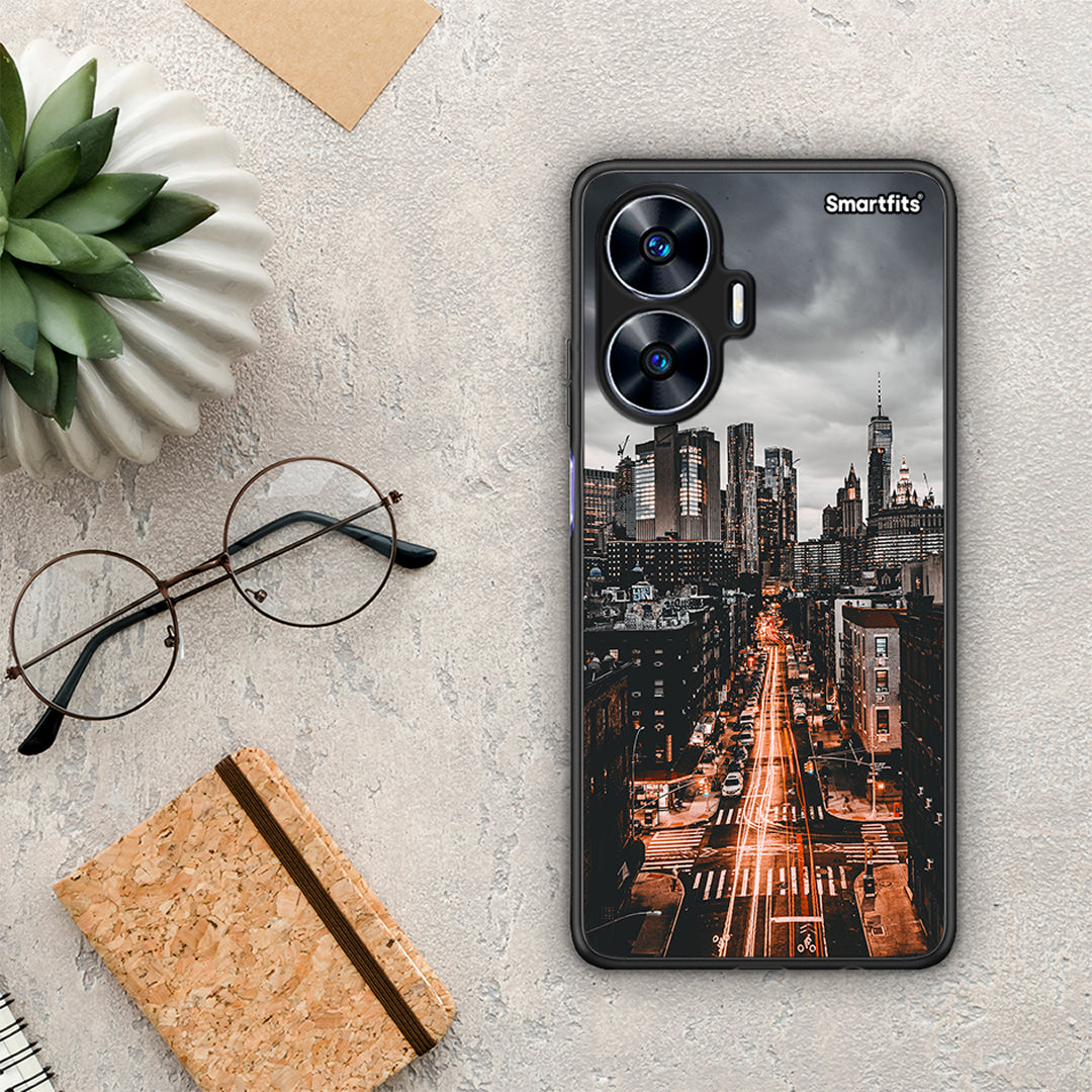 Θήκη Realme C55 Dual City Lights από τη Smartfits με σχέδιο στο πίσω μέρος και μαύρο περίβλημα | Realme C55 Dual City Lights Case with Colorful Back and Black Bezels