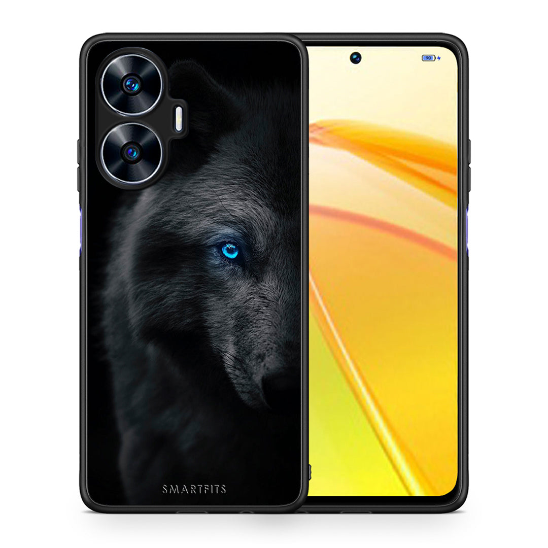 Θήκη Realme C55 Dual Dark Wolf από τη Smartfits με σχέδιο στο πίσω μέρος και μαύρο περίβλημα | Realme C55 Dual Dark Wolf Case with Colorful Back and Black Bezels