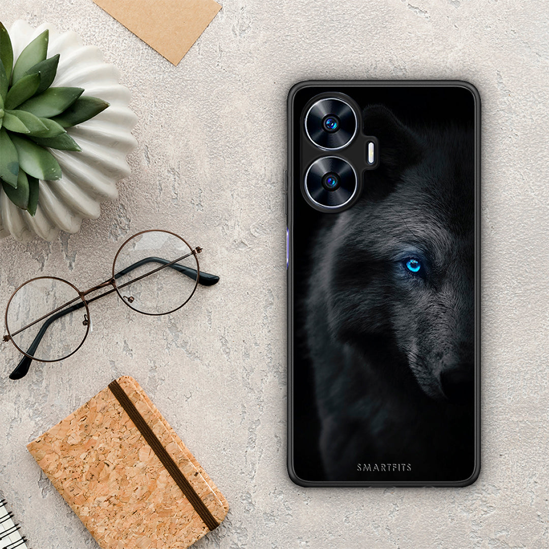 Θήκη Realme C55 Dual Dark Wolf από τη Smartfits με σχέδιο στο πίσω μέρος και μαύρο περίβλημα | Realme C55 Dual Dark Wolf Case with Colorful Back and Black Bezels