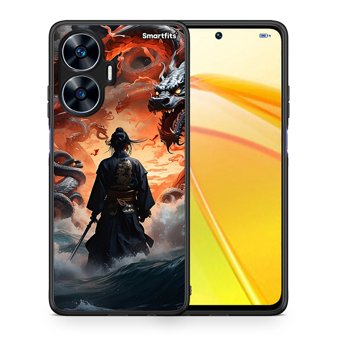 Θήκη Realme C55 Dual Dragons Fight από τη Smartfits με σχέδιο στο πίσω μέρος και μαύρο περίβλημα | Realme C55 Dual Dragons Fight Case with Colorful Back and Black Bezels