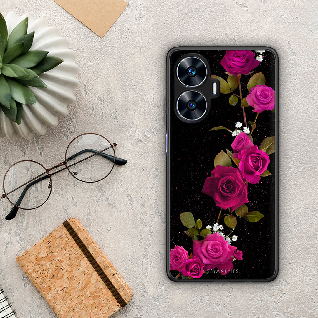 Θήκη Realme C55 Dual Flower Red Roses από τη Smartfits με σχέδιο στο πίσω μέρος και μαύρο περίβλημα | Realme C55 Dual Flower Red Roses Case with Colorful Back and Black Bezels