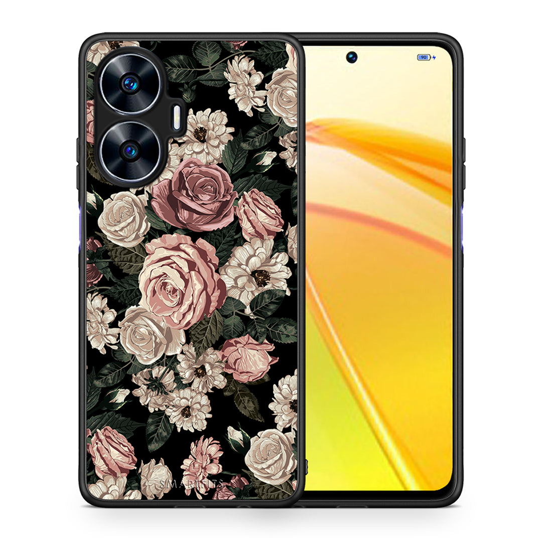 Θήκη Realme C55 Dual Flower Wild Roses από τη Smartfits με σχέδιο στο πίσω μέρος και μαύρο περίβλημα | Realme C55 Dual Flower Wild Roses Case with Colorful Back and Black Bezels