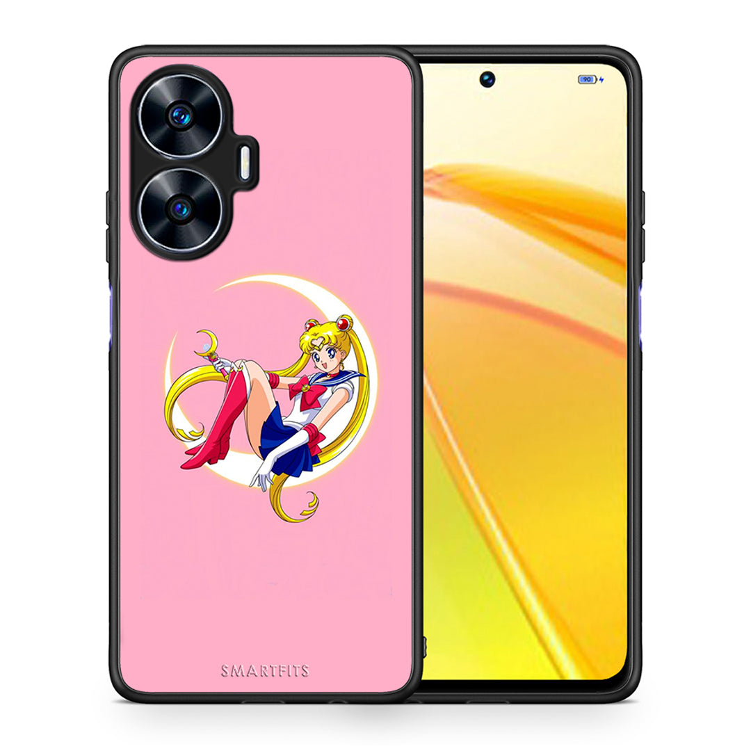 Θήκη Realme C55 Dual Moon Girl από τη Smartfits με σχέδιο στο πίσω μέρος και μαύρο περίβλημα | Realme C55 Dual Moon Girl Case with Colorful Back and Black Bezels