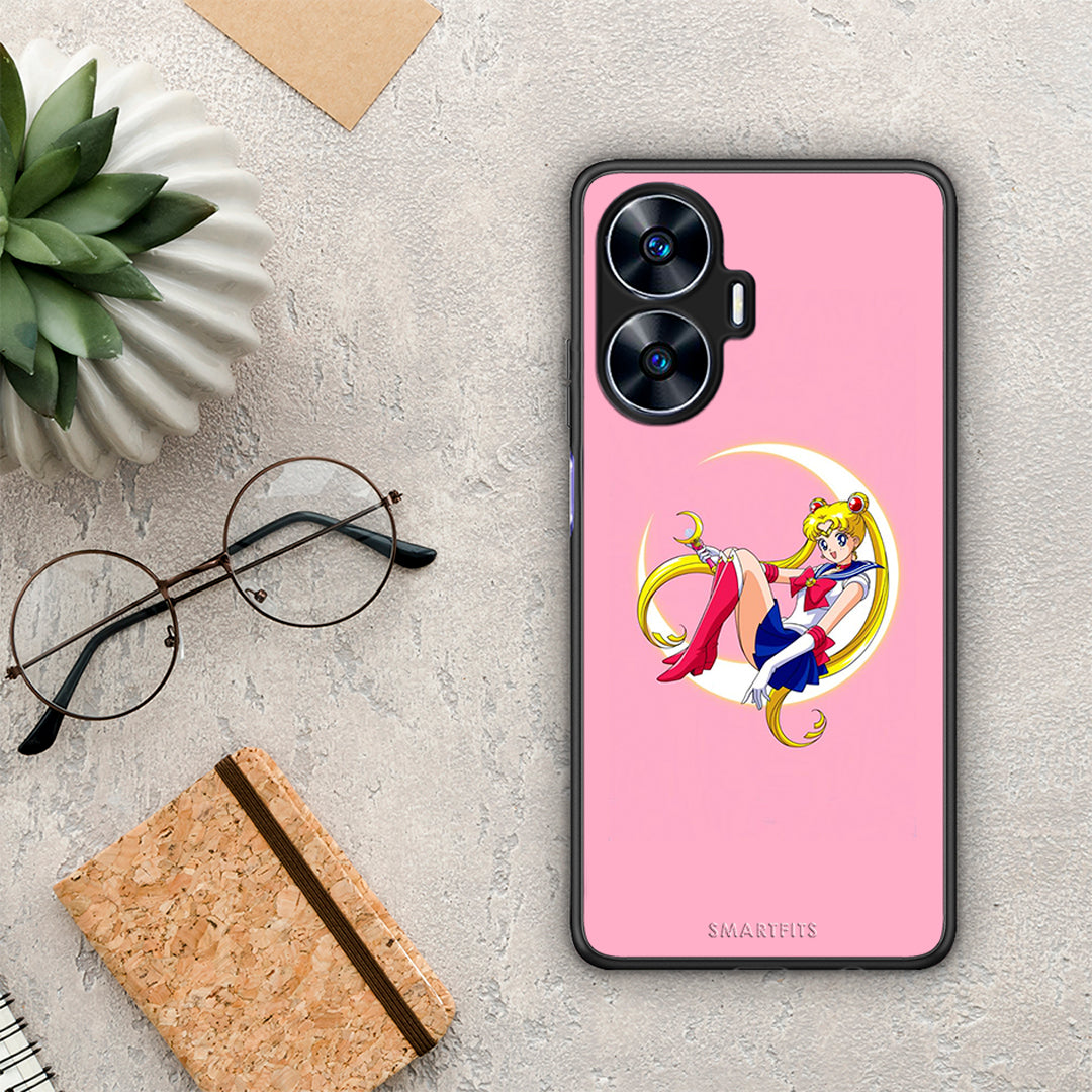 Θήκη Realme C55 Dual Moon Girl από τη Smartfits με σχέδιο στο πίσω μέρος και μαύρο περίβλημα | Realme C55 Dual Moon Girl Case with Colorful Back and Black Bezels