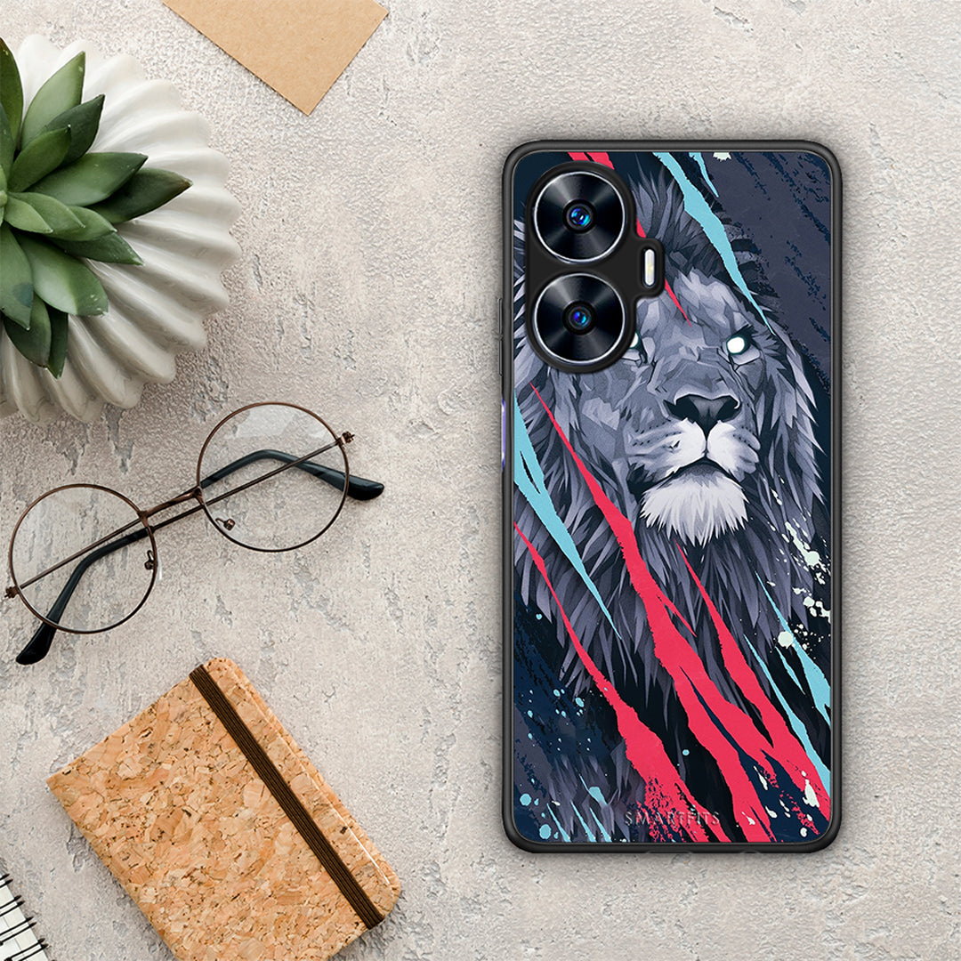 Θήκη Realme C55 Dual PopArt Lion Designer από τη Smartfits με σχέδιο στο πίσω μέρος και μαύρο περίβλημα | Realme C55 Dual PopArt Lion Designer Case with Colorful Back and Black Bezels