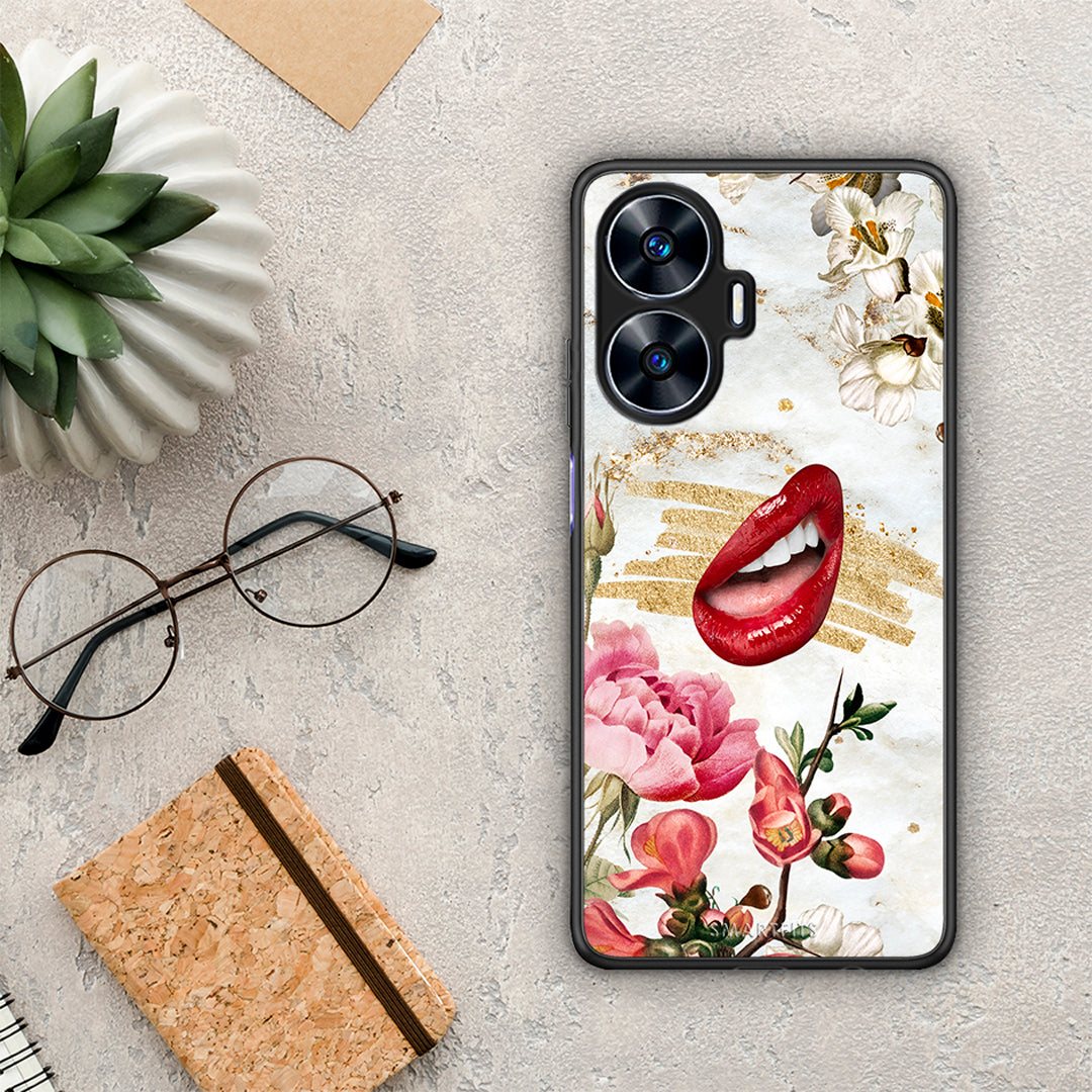 Θήκη Realme C55 Dual Red Lips από τη Smartfits με σχέδιο στο πίσω μέρος και μαύρο περίβλημα | Realme C55 Dual Red Lips Case with Colorful Back and Black Bezels