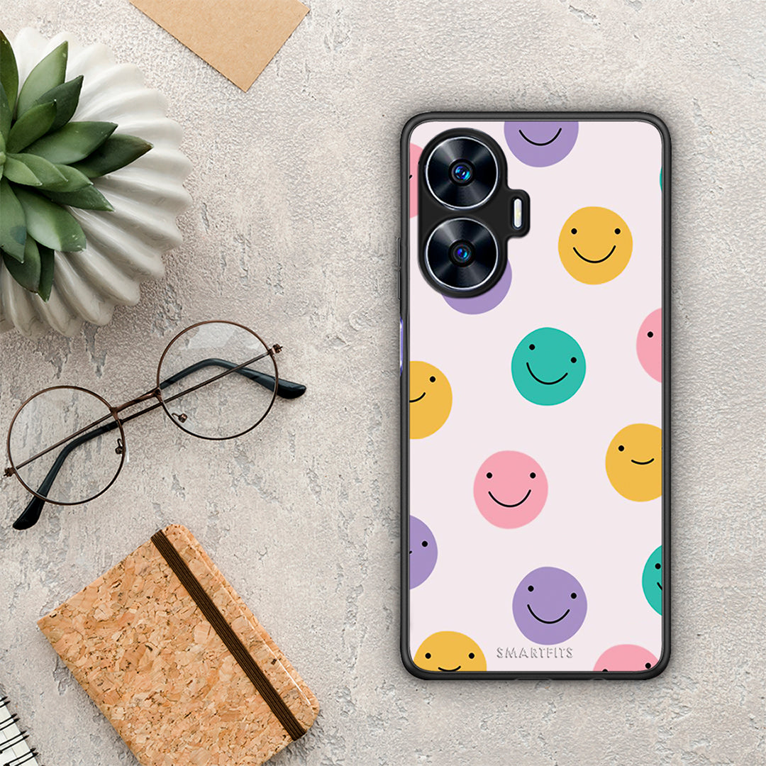 Θήκη Realme C55 Dual Smiley Faces από τη Smartfits με σχέδιο στο πίσω μέρος και μαύρο περίβλημα | Realme C55 Dual Smiley Faces Case with Colorful Back and Black Bezels