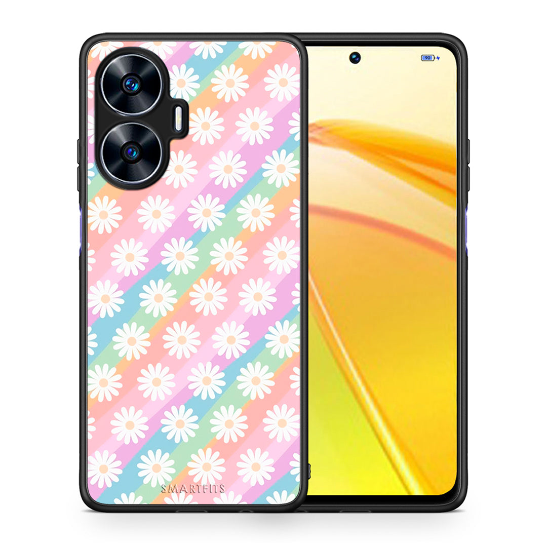 Θήκη Realme C55 Dual White Daisies από τη Smartfits με σχέδιο στο πίσω μέρος και μαύρο περίβλημα | Realme C55 Dual White Daisies Case with Colorful Back and Black Bezels