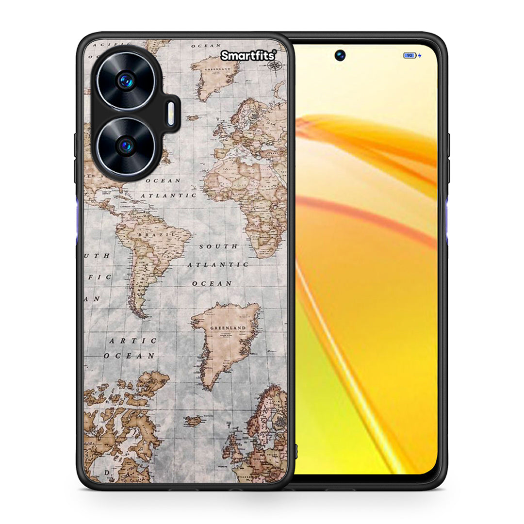 Θήκη Realme C55 Dual World Map από τη Smartfits με σχέδιο στο πίσω μέρος και μαύρο περίβλημα | Realme C55 Dual World Map Case with Colorful Back and Black Bezels