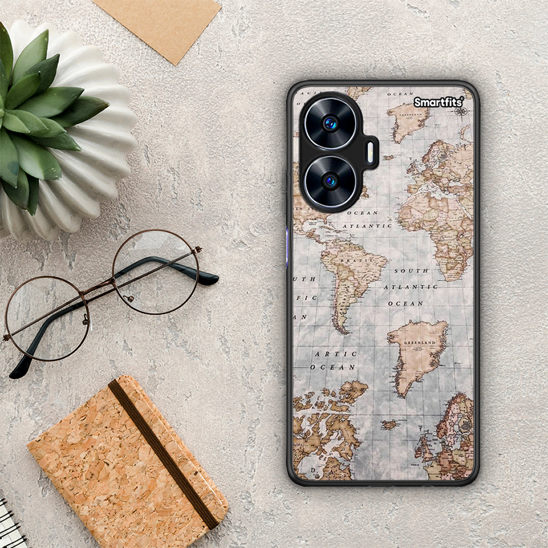 Θήκη Realme C55 Dual World Map από τη Smartfits με σχέδιο στο πίσω μέρος και μαύρο περίβλημα | Realme C55 Dual World Map Case with Colorful Back and Black Bezels