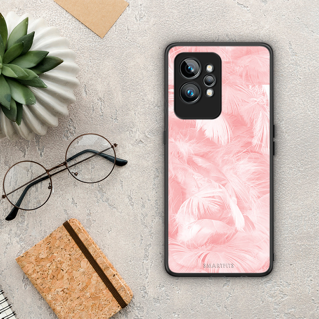 Θήκη Realme GT2 Pro Boho Pink Feather από τη Smartfits με σχέδιο στο πίσω μέρος και μαύρο περίβλημα | Realme GT2 Pro Boho Pink Feather Case with Colorful Back and Black Bezels