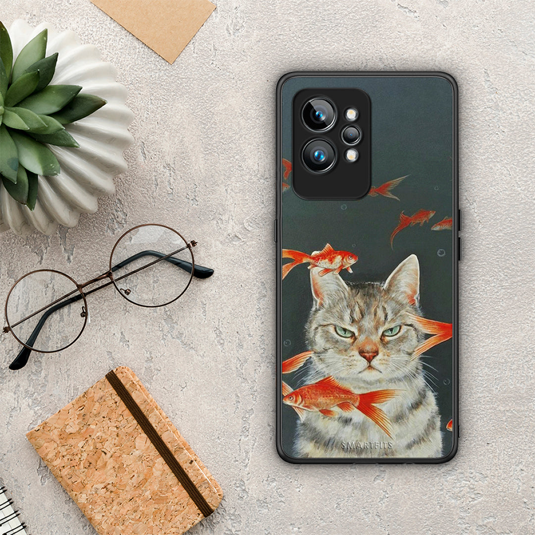 Θήκη Realme GT2 Pro Cat Goldfish από τη Smartfits με σχέδιο στο πίσω μέρος και μαύρο περίβλημα | Realme GT2 Pro Cat Goldfish Case with Colorful Back and Black Bezels