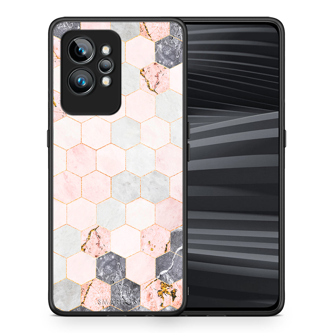 Θήκη Realme GT2 Pro Marble Hexagon Pink από τη Smartfits με σχέδιο στο πίσω μέρος και μαύρο περίβλημα | Realme GT2 Pro Marble Hexagon Pink Case with Colorful Back and Black Bezels