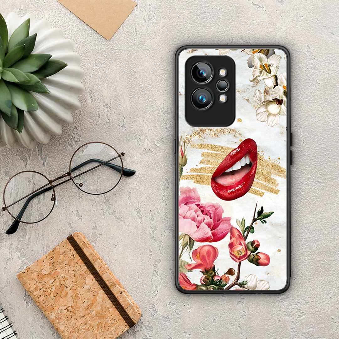 Θήκη Realme GT2 Pro Red Lips από τη Smartfits με σχέδιο στο πίσω μέρος και μαύρο περίβλημα | Realme GT2 Pro Red Lips Case with Colorful Back and Black Bezels