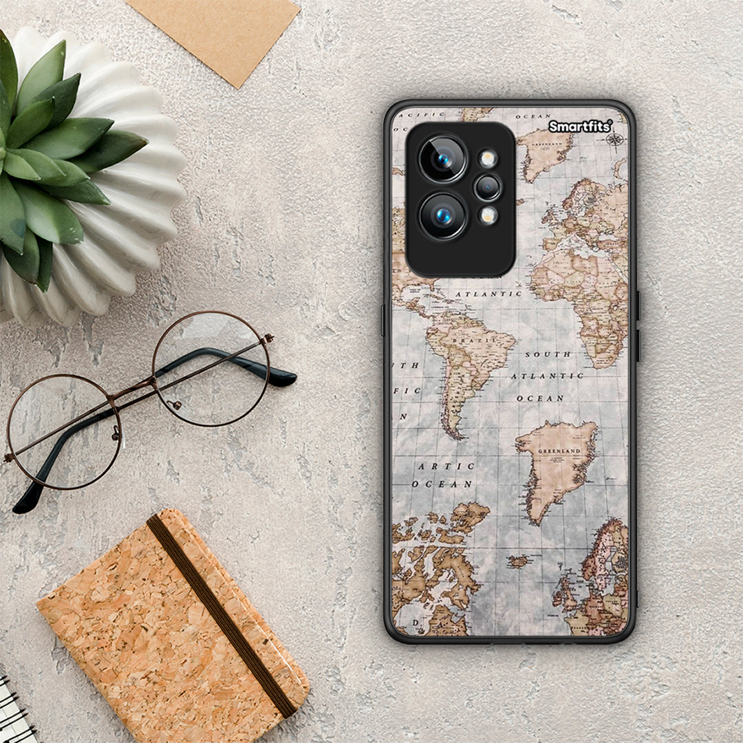 Θήκη Realme GT2 Pro World Map από τη Smartfits με σχέδιο στο πίσω μέρος και μαύρο περίβλημα | Realme GT2 Pro World Map Case with Colorful Back and Black Bezels