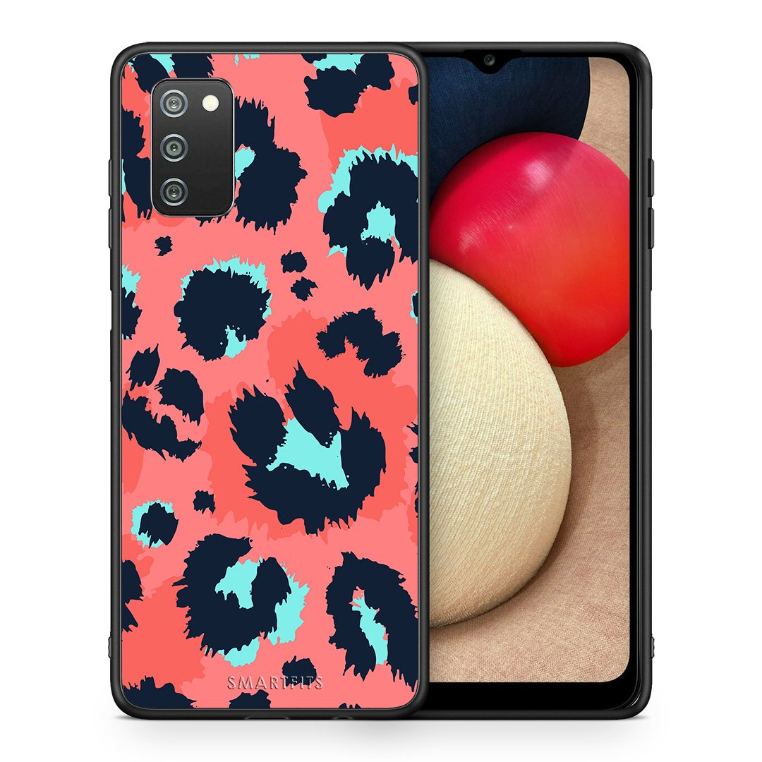 Θήκη Samsung A02s Pink Leopard Animal από τη Smartfits με σχέδιο στο πίσω μέρος και μαύρο περίβλημα | Samsung A02s Pink Leopard Animal case with colorful back and black bezels