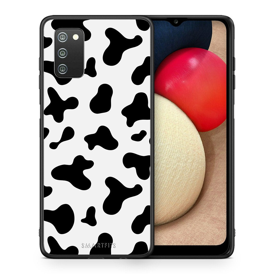 Θήκη Samsung A02s Cow Print από τη Smartfits με σχέδιο στο πίσω μέρος και μαύρο περίβλημα | Samsung A02s Cow Print case with colorful back and black bezels