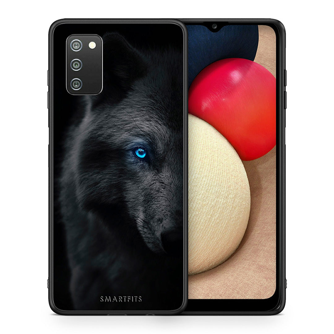 Θήκη Samsung A02s Dark Wolf από τη Smartfits με σχέδιο στο πίσω μέρος και μαύρο περίβλημα | Samsung A02s Dark Wolf case with colorful back and black bezels