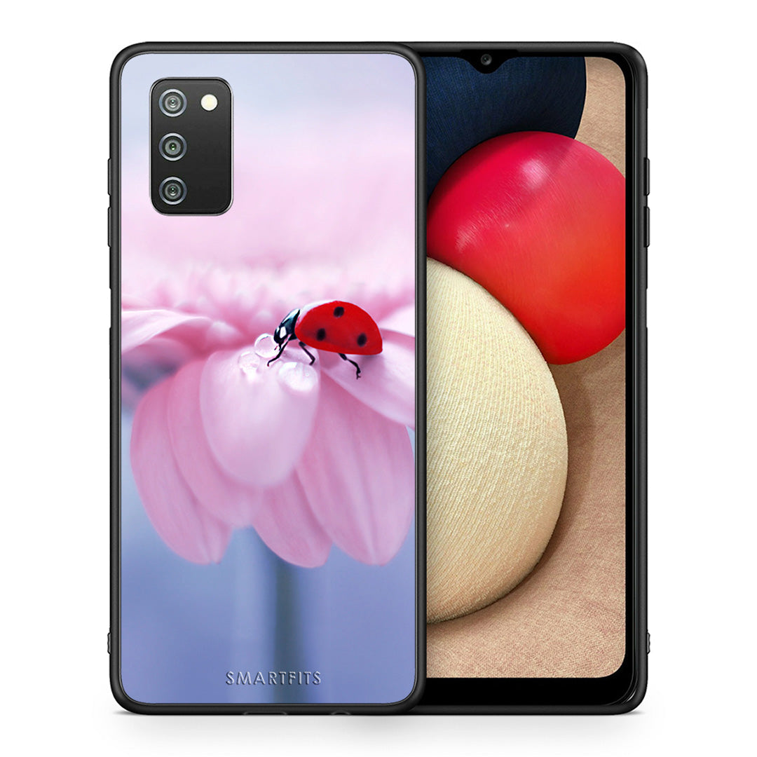 Θήκη Samsung A02s Ladybug Flower από τη Smartfits με σχέδιο στο πίσω μέρος και μαύρο περίβλημα | Samsung A02s Ladybug Flower case with colorful back and black bezels