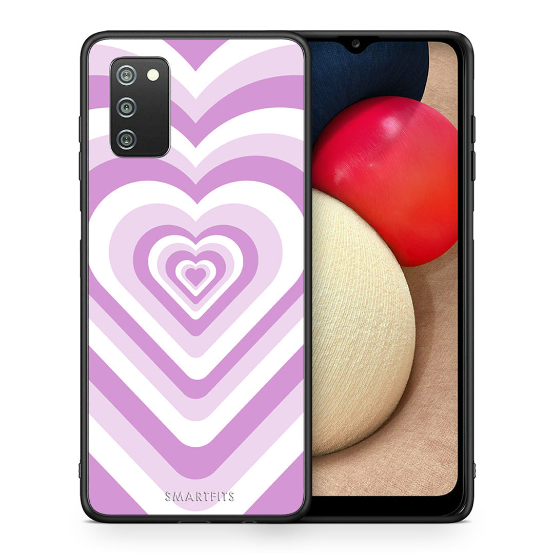 Θήκη Samsung A02s Lilac Hearts από τη Smartfits με σχέδιο στο πίσω μέρος και μαύρο περίβλημα | Samsung A02s Lilac Hearts case with colorful back and black bezels