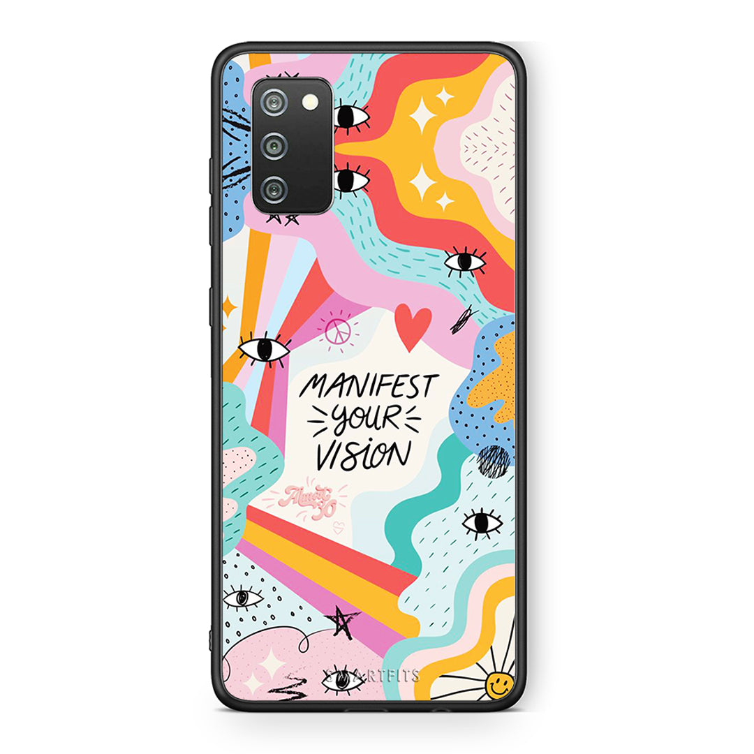 Samsung A02s Manifest Your Vision θήκη από τη Smartfits με σχέδιο στο πίσω μέρος και μαύρο περίβλημα | Smartphone case with colorful back and black bezels by Smartfits