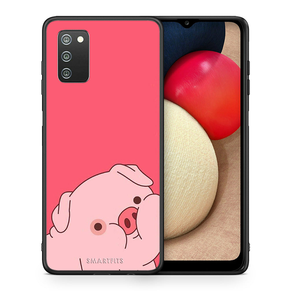 Θήκη Αγίου Βαλεντίνου Samsung A02s Pig Love 1 από τη Smartfits με σχέδιο στο πίσω μέρος και μαύρο περίβλημα | Samsung A02s Pig Love 1 case with colorful back and black bezels