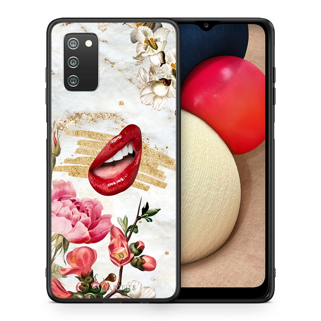 Θήκη Samsung A02s Red Lips από τη Smartfits με σχέδιο στο πίσω μέρος και μαύρο περίβλημα | Samsung A02s Red Lips case with colorful back and black bezels