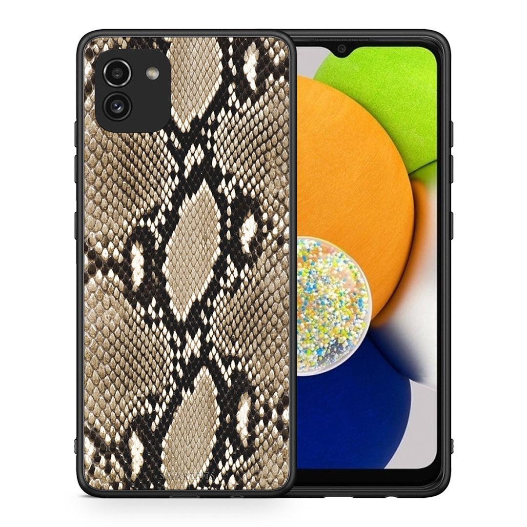 Θήκη Samsung A03 Fashion Snake Animal από τη Smartfits με σχέδιο στο πίσω μέρος και μαύρο περίβλημα | Samsung A03 Fashion Snake Animal case with colorful back and black bezels