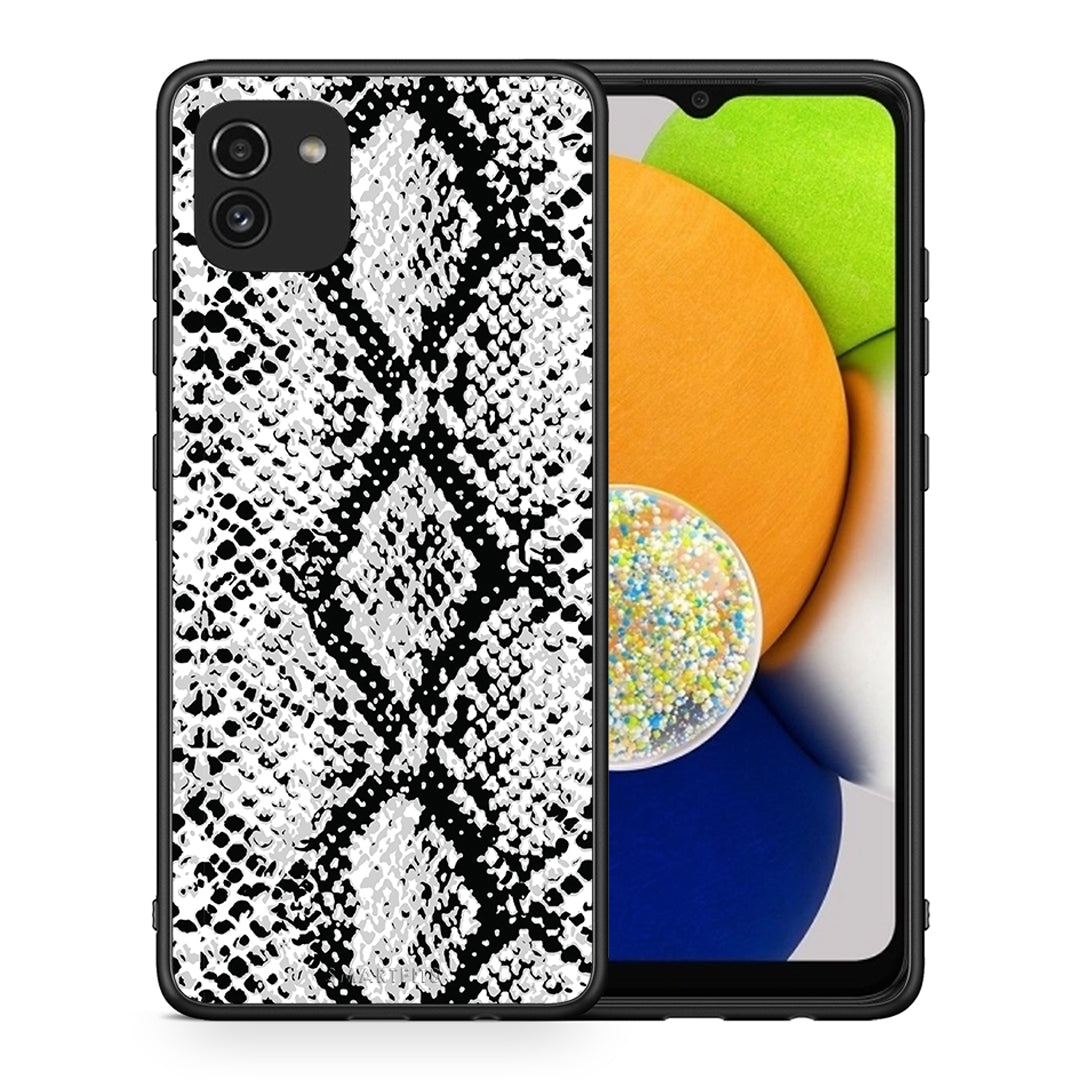 Θήκη Samsung A03 White Snake Animal από τη Smartfits με σχέδιο στο πίσω μέρος και μαύρο περίβλημα | Samsung A03 White Snake Animal case with colorful back and black bezels