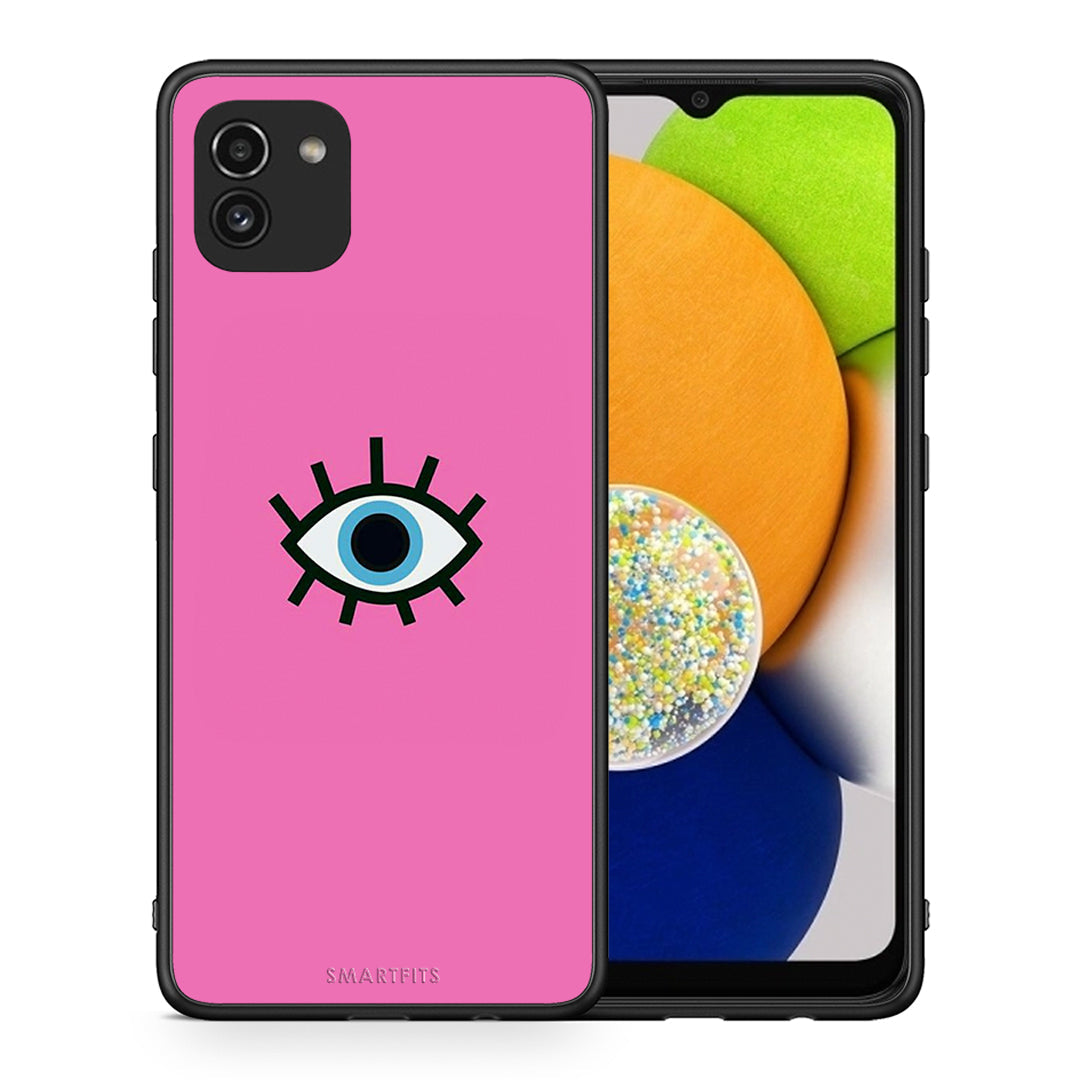 Θήκη Samsung A03 Blue Eye Pink από τη Smartfits με σχέδιο στο πίσω μέρος και μαύρο περίβλημα | Samsung A03 Blue Eye Pink case with colorful back and black bezels