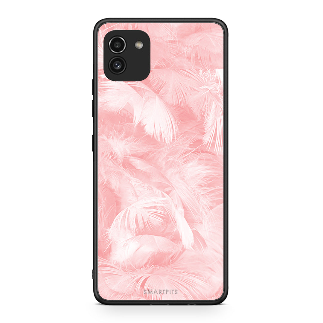 33 - Samsung A03 Pink Feather Boho case, cover, bumper