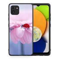 Thumbnail for Θήκη Samsung A03 Ladybug Flower από τη Smartfits με σχέδιο στο πίσω μέρος και μαύρο περίβλημα | Samsung A03 Ladybug Flower case with colorful back and black bezels