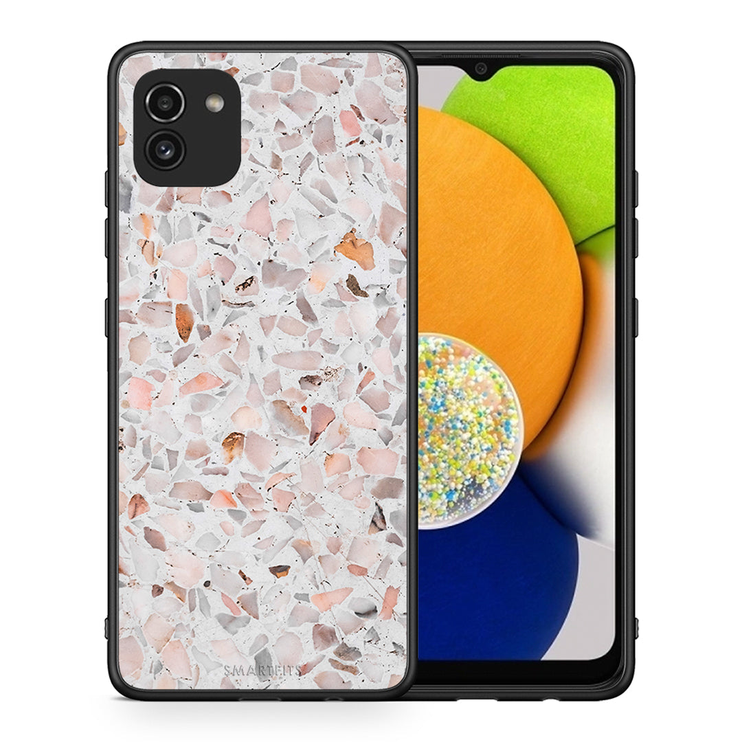 Θήκη Samsung A03 Marble Terrazzo από τη Smartfits με σχέδιο στο πίσω μέρος και μαύρο περίβλημα | Samsung A03 Marble Terrazzo case with colorful back and black bezels